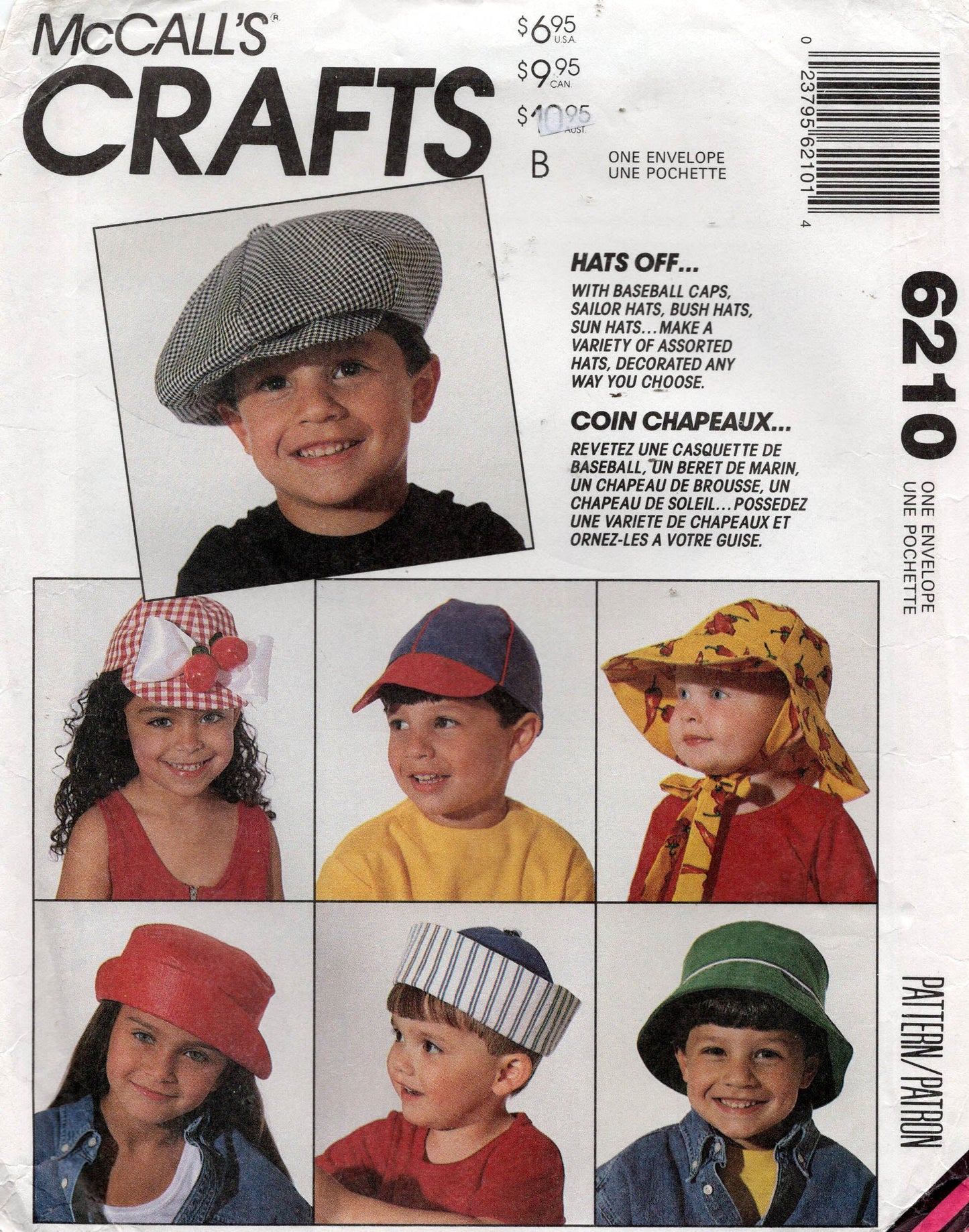 Patrón de costura vintage de los años 90 para gorros para bebés y niños pequeños McCall's 6210, talla única, sin cortar, doblado de fábrica
