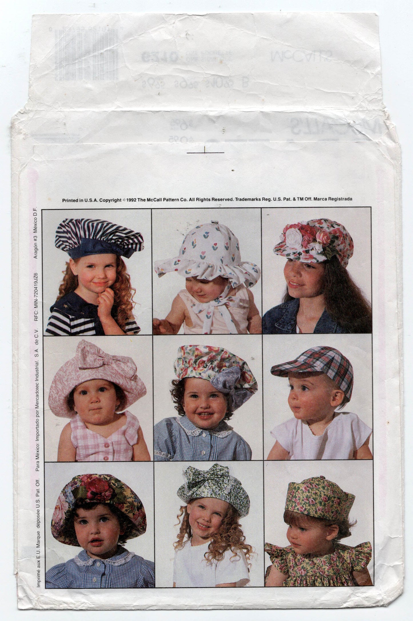 Patrón de costura vintage de los años 90 para gorros para bebés y niños pequeños McCall's 6210, talla única, sin cortar, doblado de fábrica