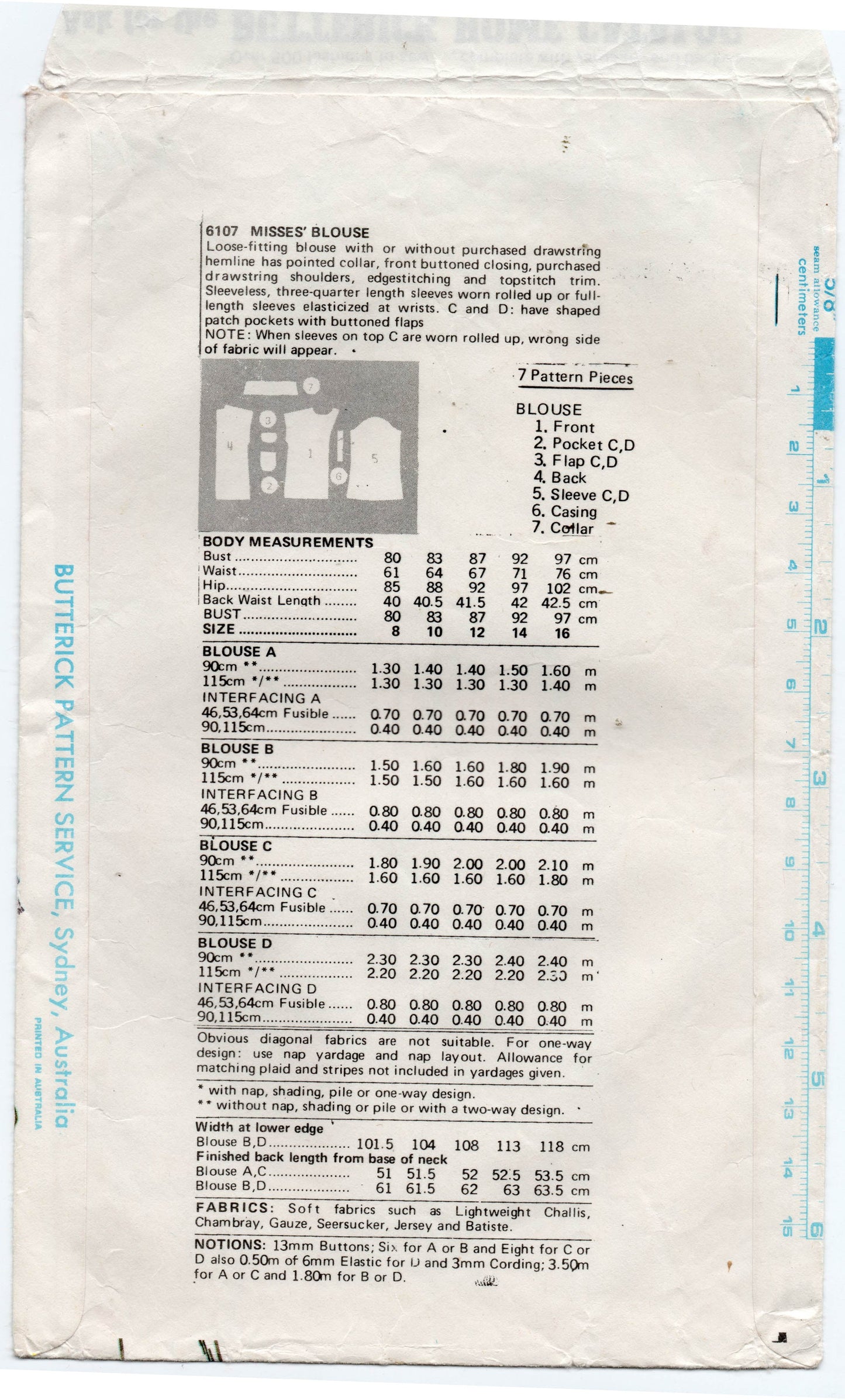 Patrón de costura vintage de los años 80 para blusas con hombros con cordón para mujer Butterick 6107, tallas 8, 10 o 12