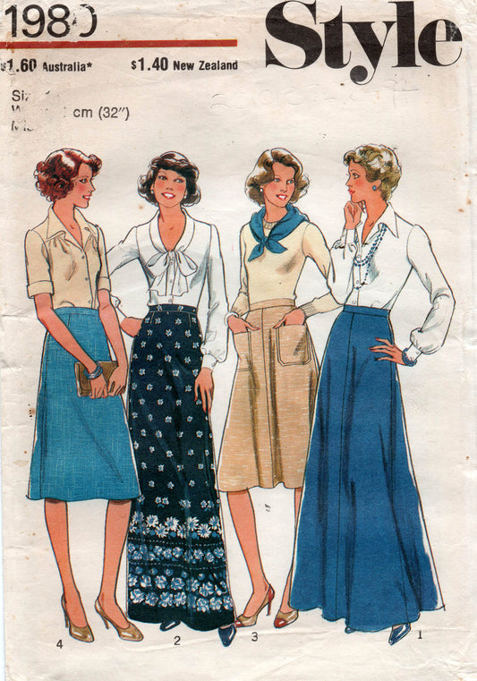 Patrón de costura vintage de los años 1970, estilo 1980, faldas para mujer, acampanadas, largas o con borde, cintura de 32 pulgadas, sin cortar, dobladas de fábrica