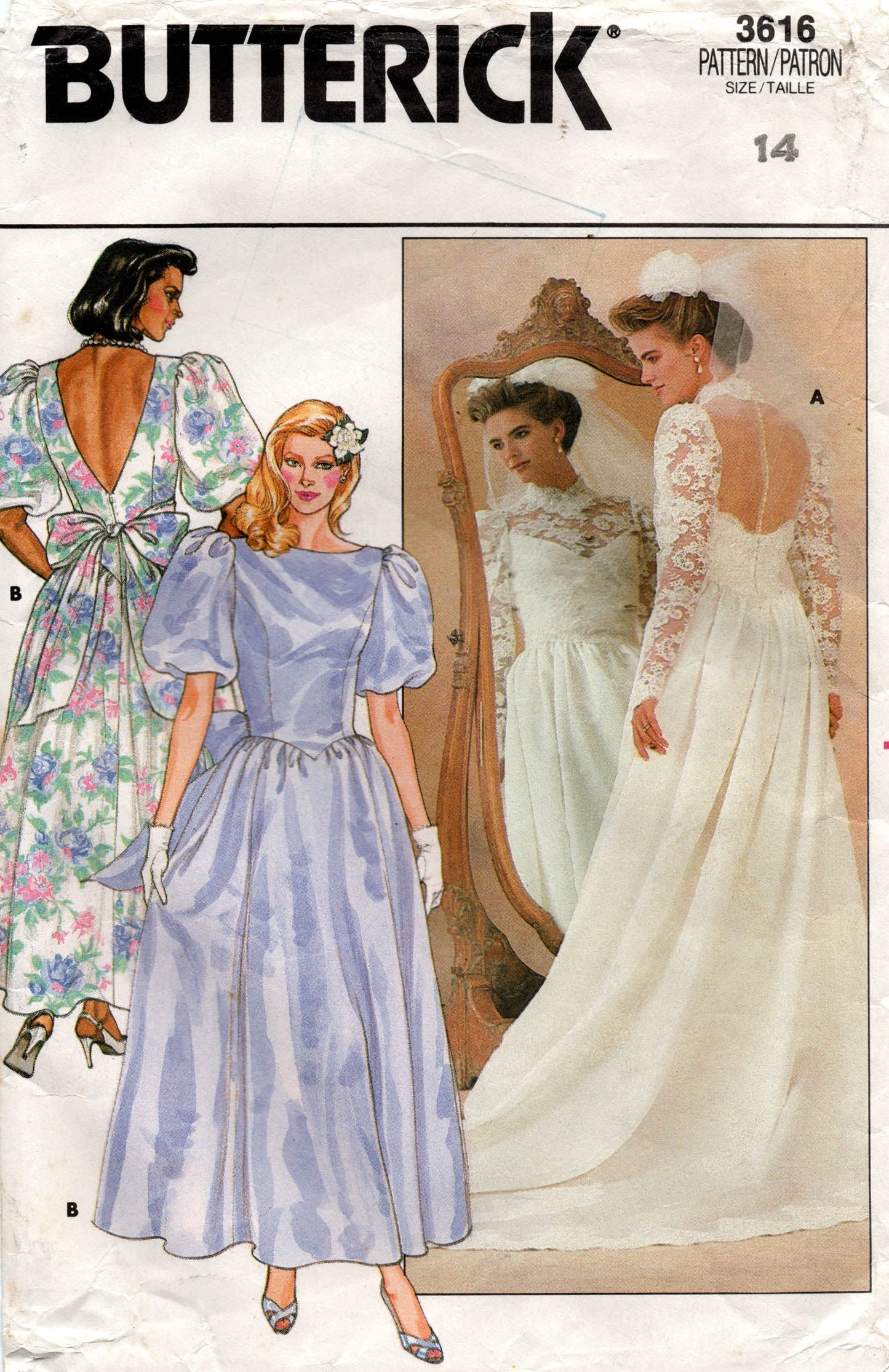 Patrón de costura vintage de los años 80 Butterick 3616 para vestido de novia con espalda baja, mangas abullonadas y cola opcional, talla 10, 12 o 14