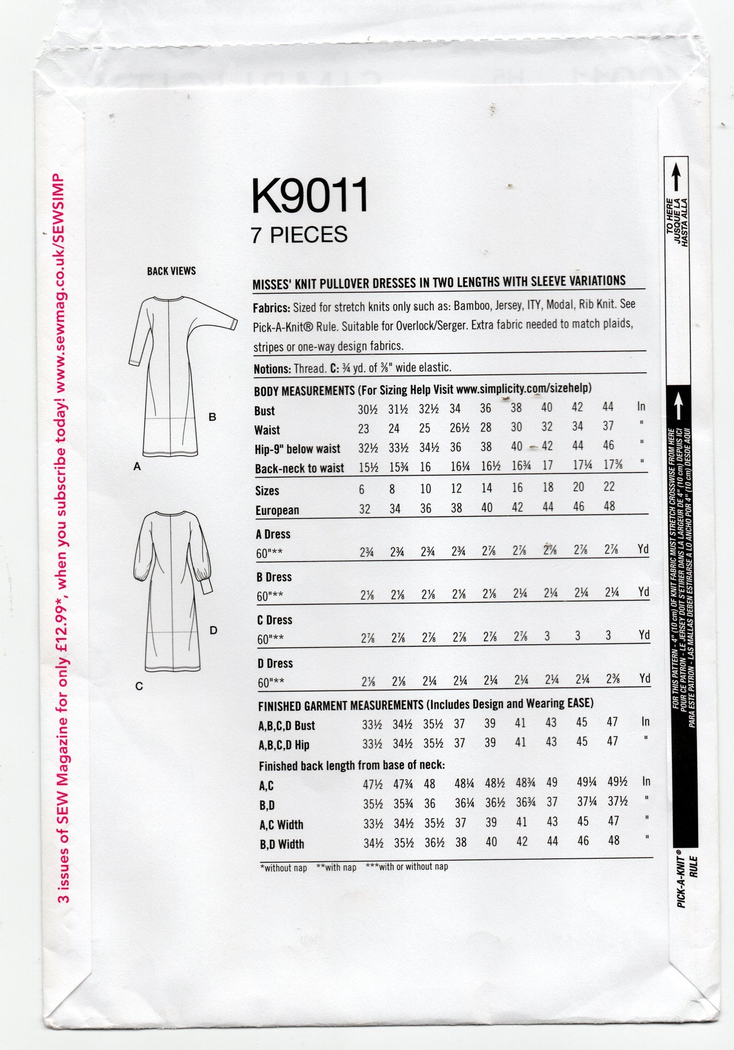 Patrón de costura de vestido jersey elástico fácil de usar Simplicity K9011 para mujer, fuera de estampado, talla 6-14, sin cortar, doblado de fábrica