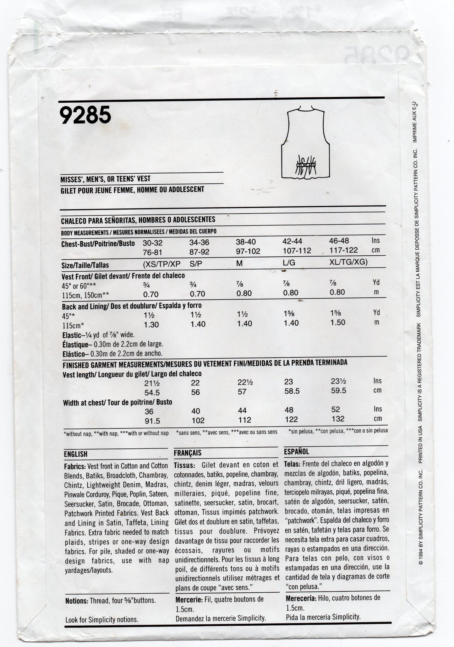 Simplicity 9285 Mens Womens Teens Unisex Vest 1990s Vintage Sewing Pattern Size XS - XL UNCUT Factory Folded