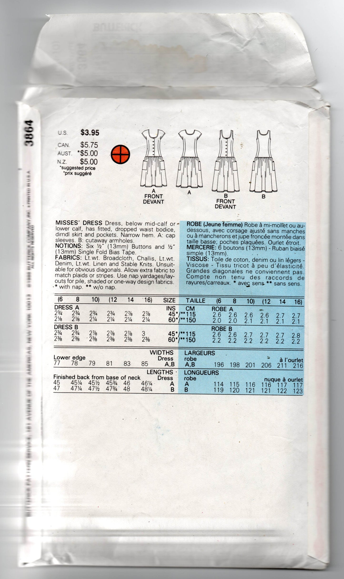Patrón de costura Butterick 3864 para vestido veraniego de talle bajo y jersey fácil de usar para mujer, estilo vintage de los años 80, talla 6 a 10