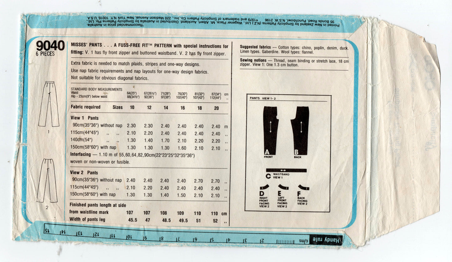 Simplicity 9040 Womens Fuss Free Fit Pants 1970s Vintage Sewing Pattern Size 14 or 16