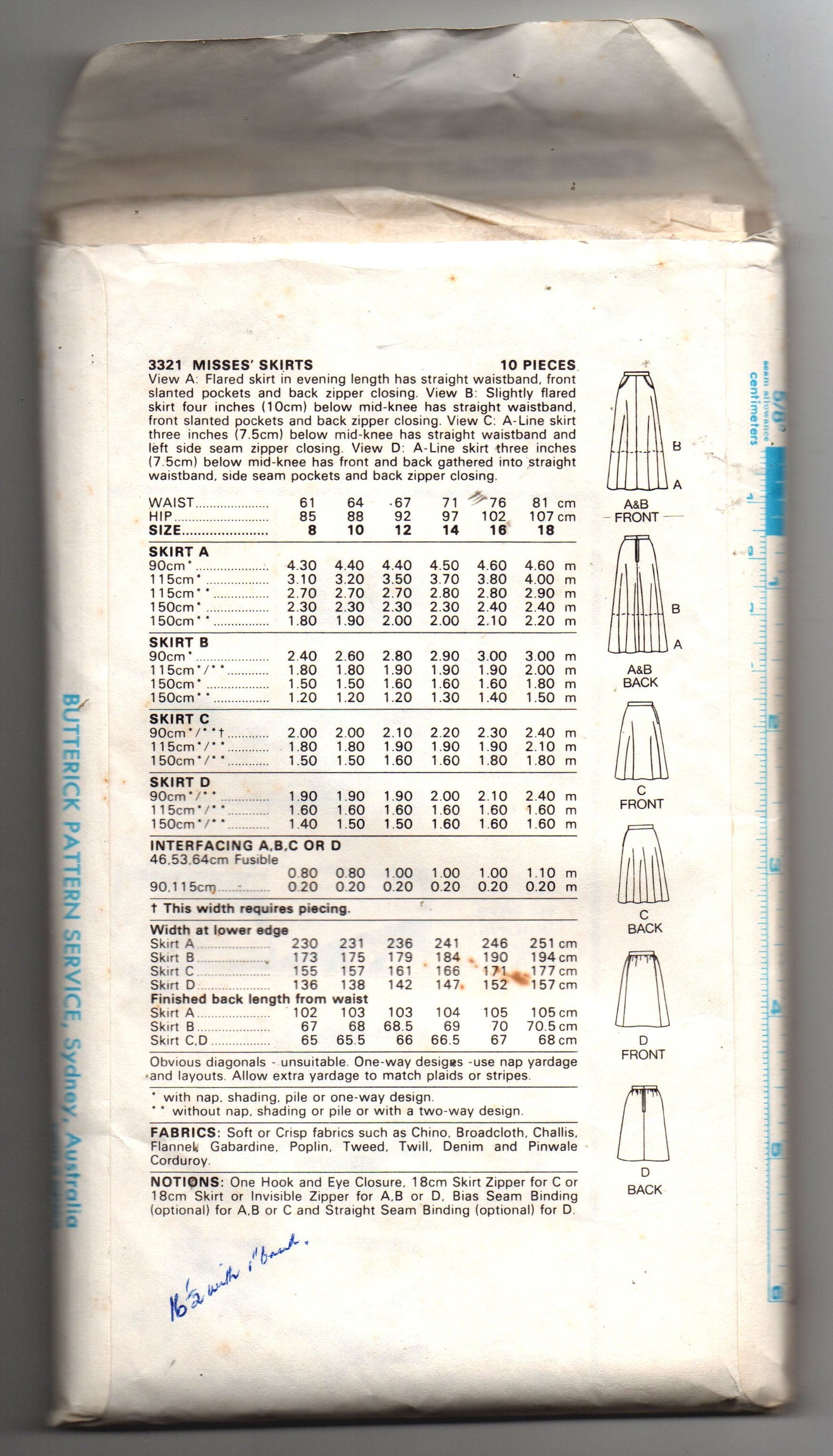 Patrón de costura vintage de los años 80 Butterick 3321 para faldas en forma de A con bolsillos para mujer, talla 16, sin cortar, doblado de fábrica