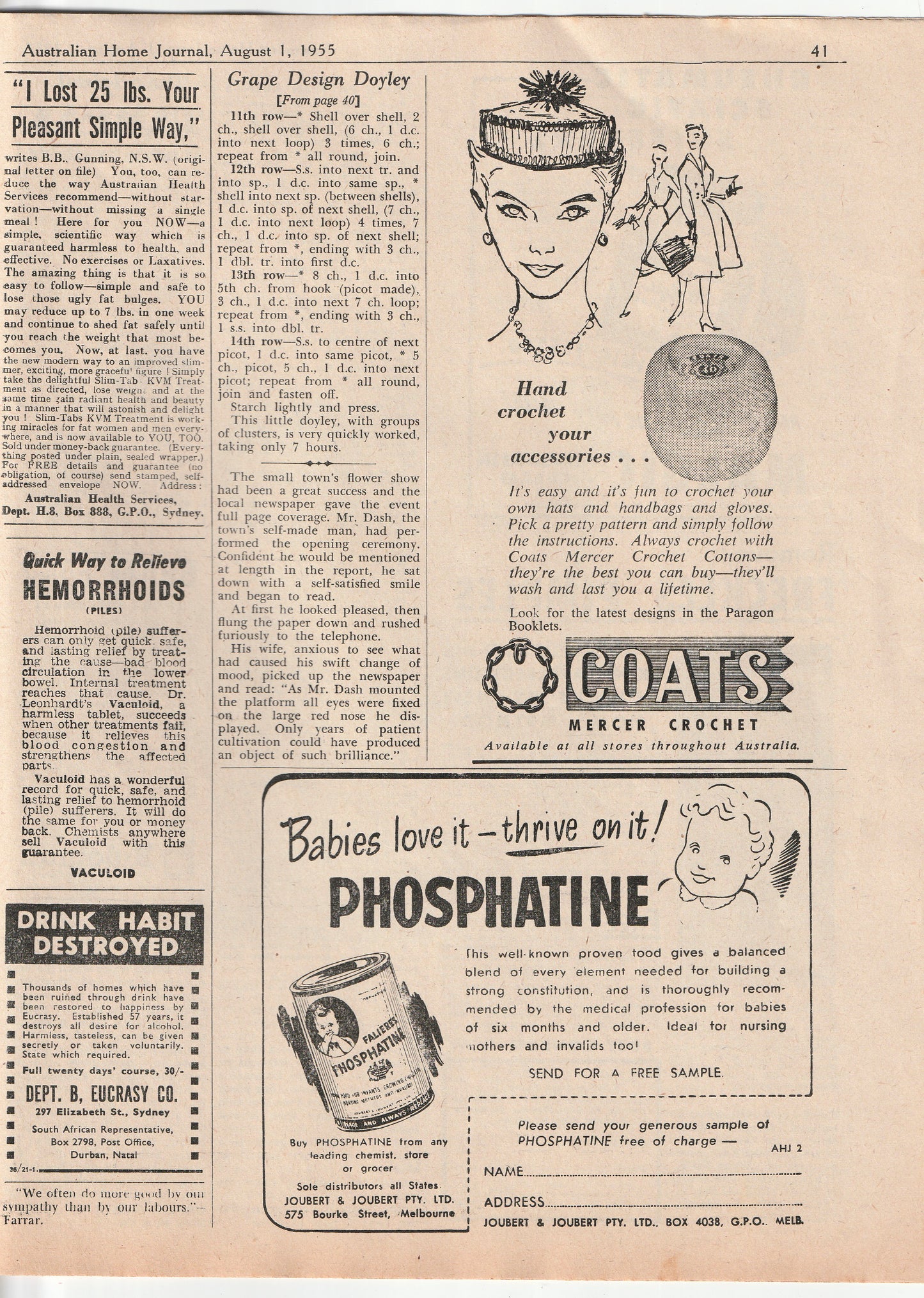 Australian Home Journal August 1955 Magazine with 2 Womens Full Skirt Dresses & Teens Pinafore Dress Paper Sewing Patterns Included