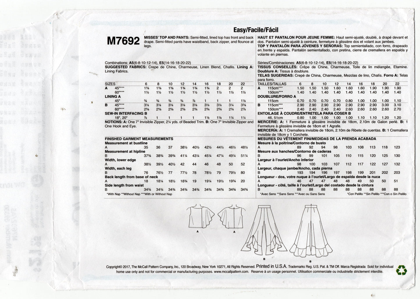 McCall's M7692 NICOLE MILLER Womens Asymmetric Top & Pants with Ruffled Hem Out Of Print Sewing Pattern Sizes 6 - 14 UNCUT Factory Folded