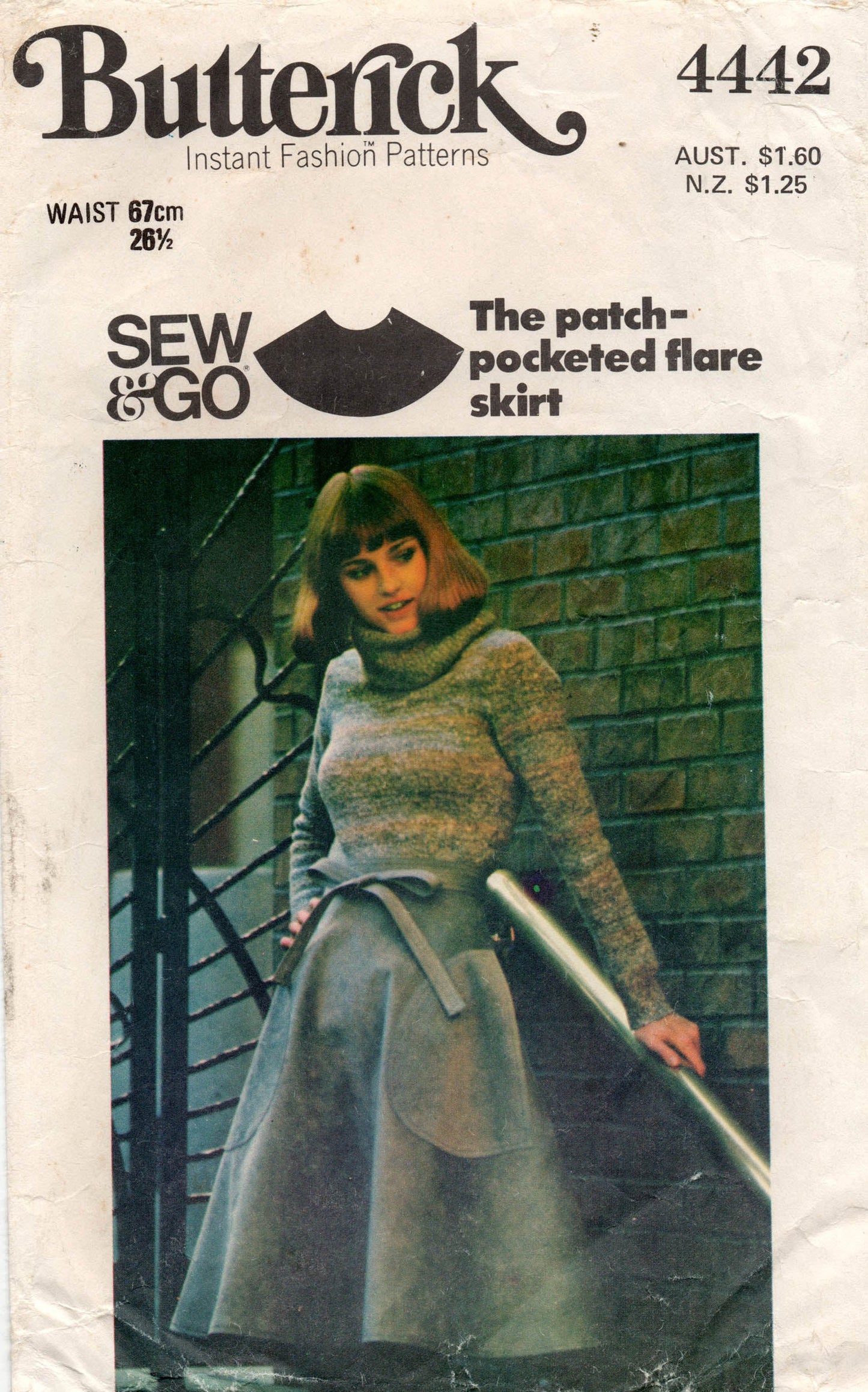 Patrón de costura de falda acampanada fácil para mujer Butterick 4442 con bolsillos grandes, estilo vintage de los años 70, talla 12, sin cortar, doblado de fábrica