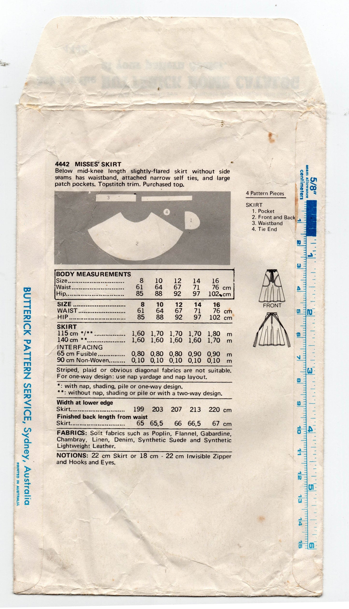 Patrón de costura de falda acampanada fácil para mujer Butterick 4442 con bolsillos grandes, estilo vintage de los años 70, talla 12, sin cortar, doblado de fábrica