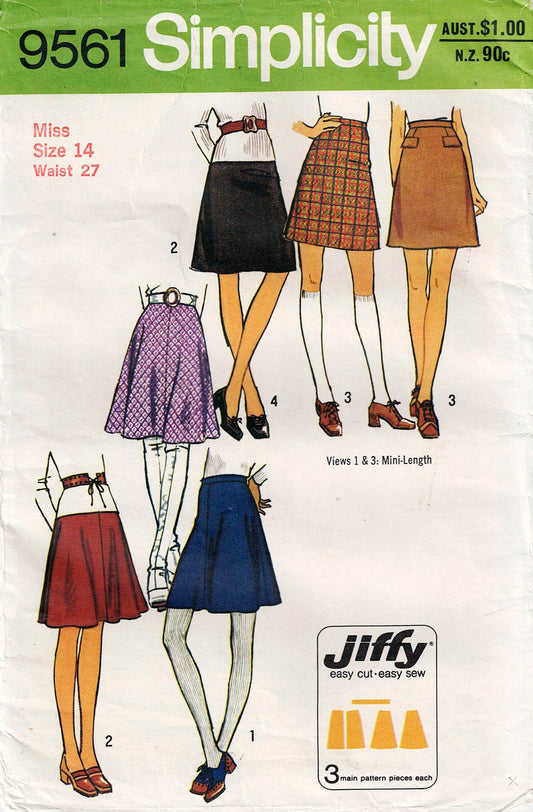 Patrón de costura vintage de los años 70 Simplicity 9561 para faldas cortas o de largo regular JIFFY para mujer, varios tamaños