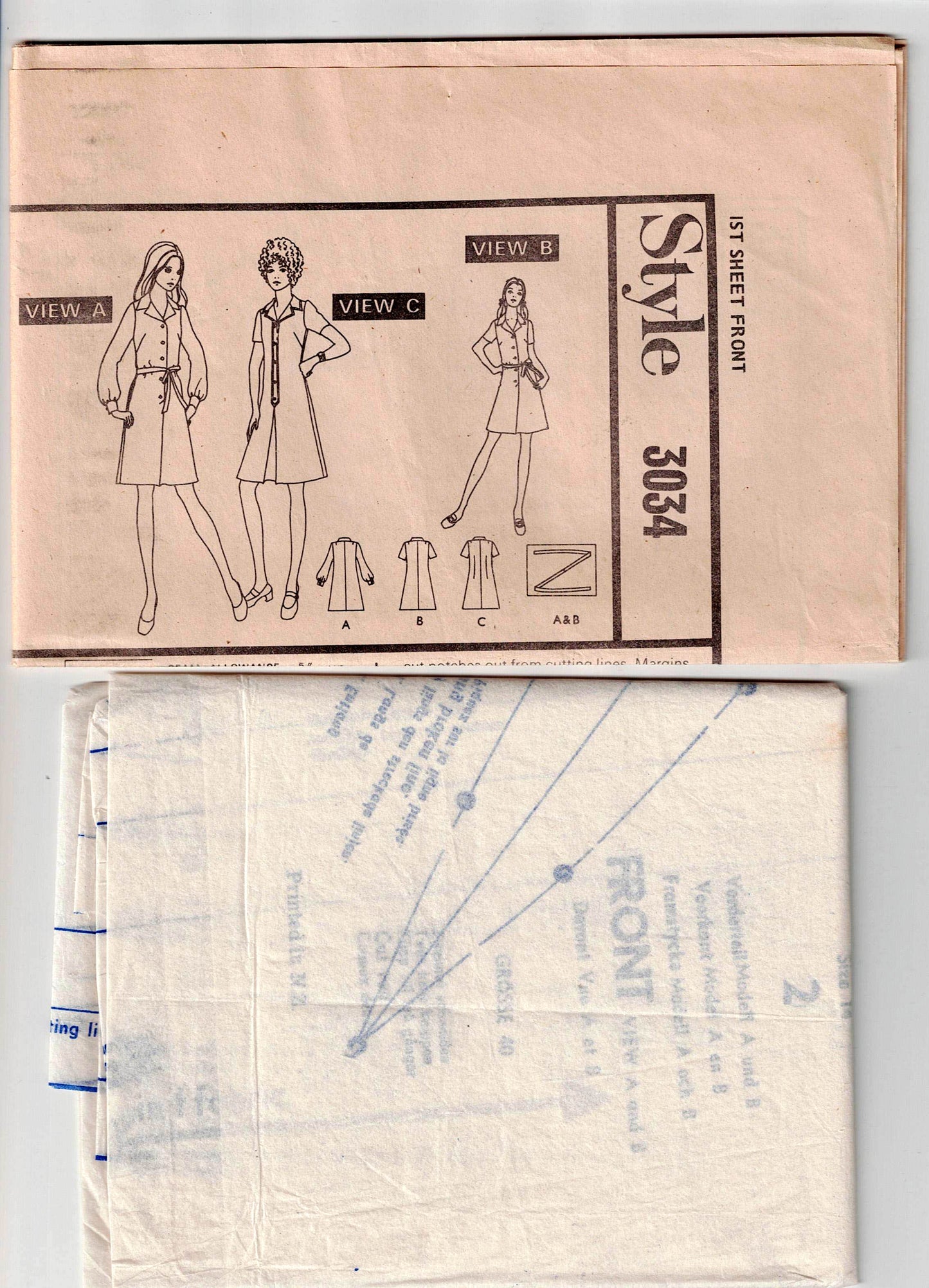 Style 3034 Womens Classic Fit & Flared Shirtdress 1970s Vintage Sewing Pattern Size 12 or 14
