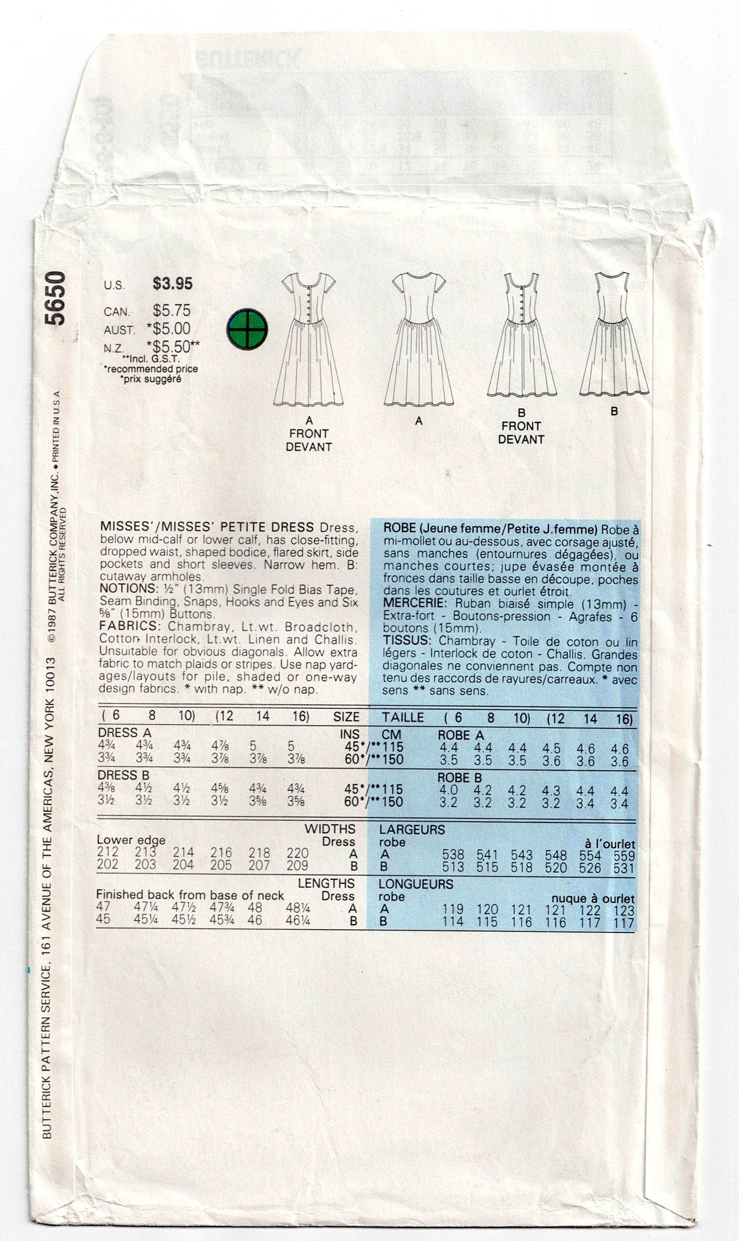 Patrón de costura Butterick 5650 para vestido de verano informal de talle bajo para mujer, años 80, talla 6 a 10, sin cortar, doblado de fábrica