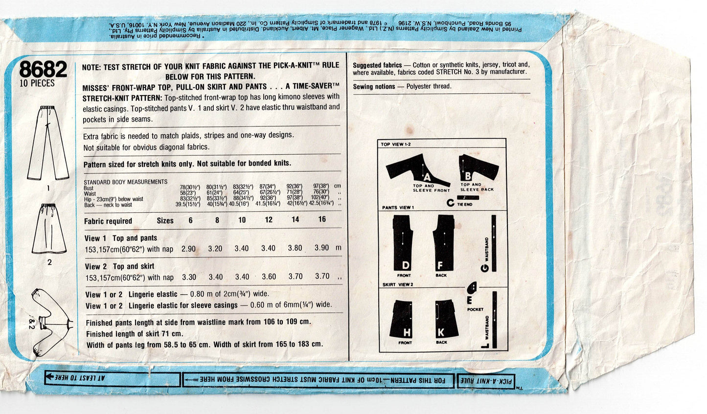 Simplicity 8682 Womens Stretch Wrap Top Skirt & Pants 1970s Vintage Sewing Pattern Size 10 & 12