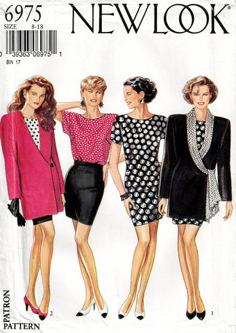 New Look 6975 Womens Sheath Dress Long Wrap Jacket Top & Short Pencil Skirt 1980s Vintage Sewing Pattern Sizes 8 - 18 UNCUT Factory Folded