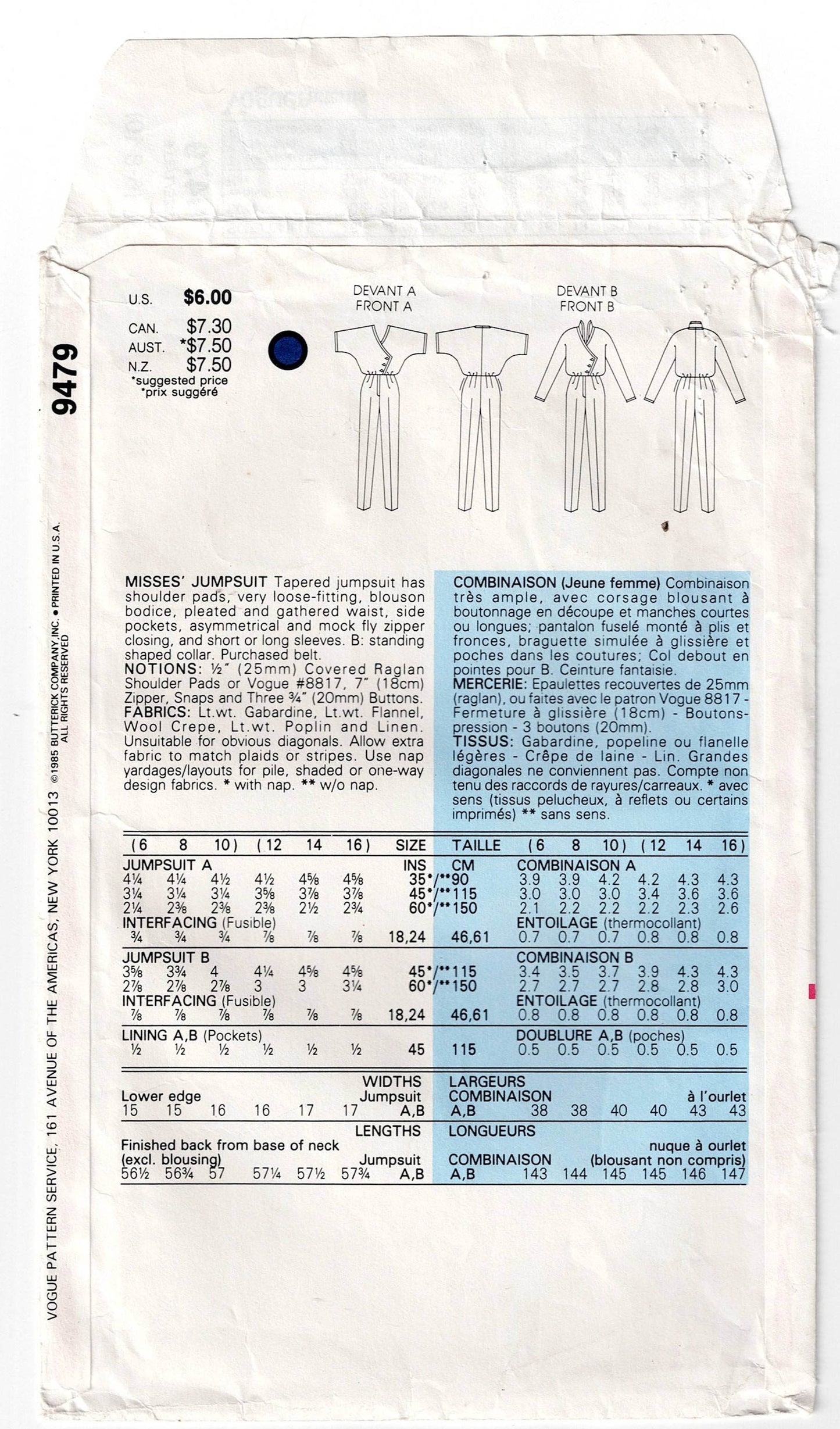 Very Easy Vogue 9479 Womens Asymmetric Jumpsuit with Pockets 1980s Vintage Sewing Pattern Size 6 - 10