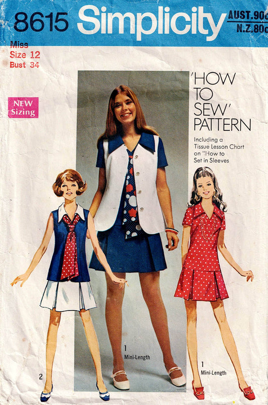 Patrón de costura vintage de los años 70 para vestido, chaleco y corbata de cintura baja para mujer Simplicity 8615, talla 12, busto 34 pulgadas