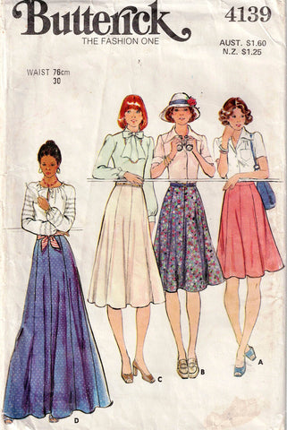 Butterick 4139 Womens 8 Gore Skirt in 4 Lengths 1970s Vintage Pattern Size 14 Waist 28 Inches