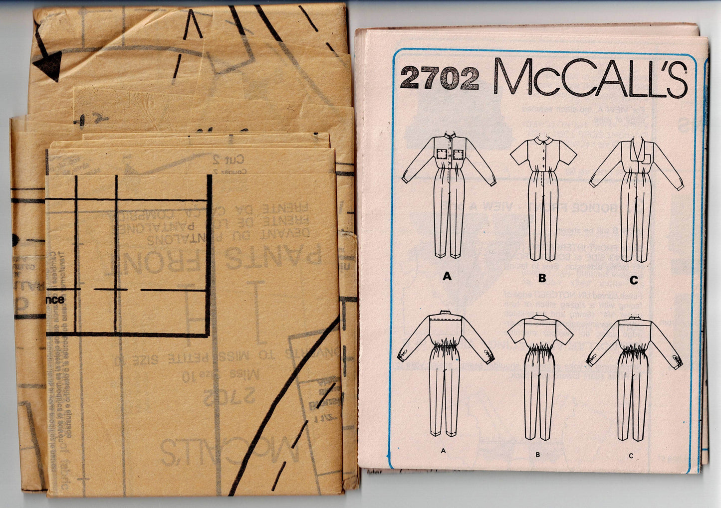 Patrón de costura vintage de los años 80 para monos de mujer con escote y mangas McCall's 2702 Made For You, talla 10, busto de 32,5 pulgadas, sin cortar, doblado de fábrica