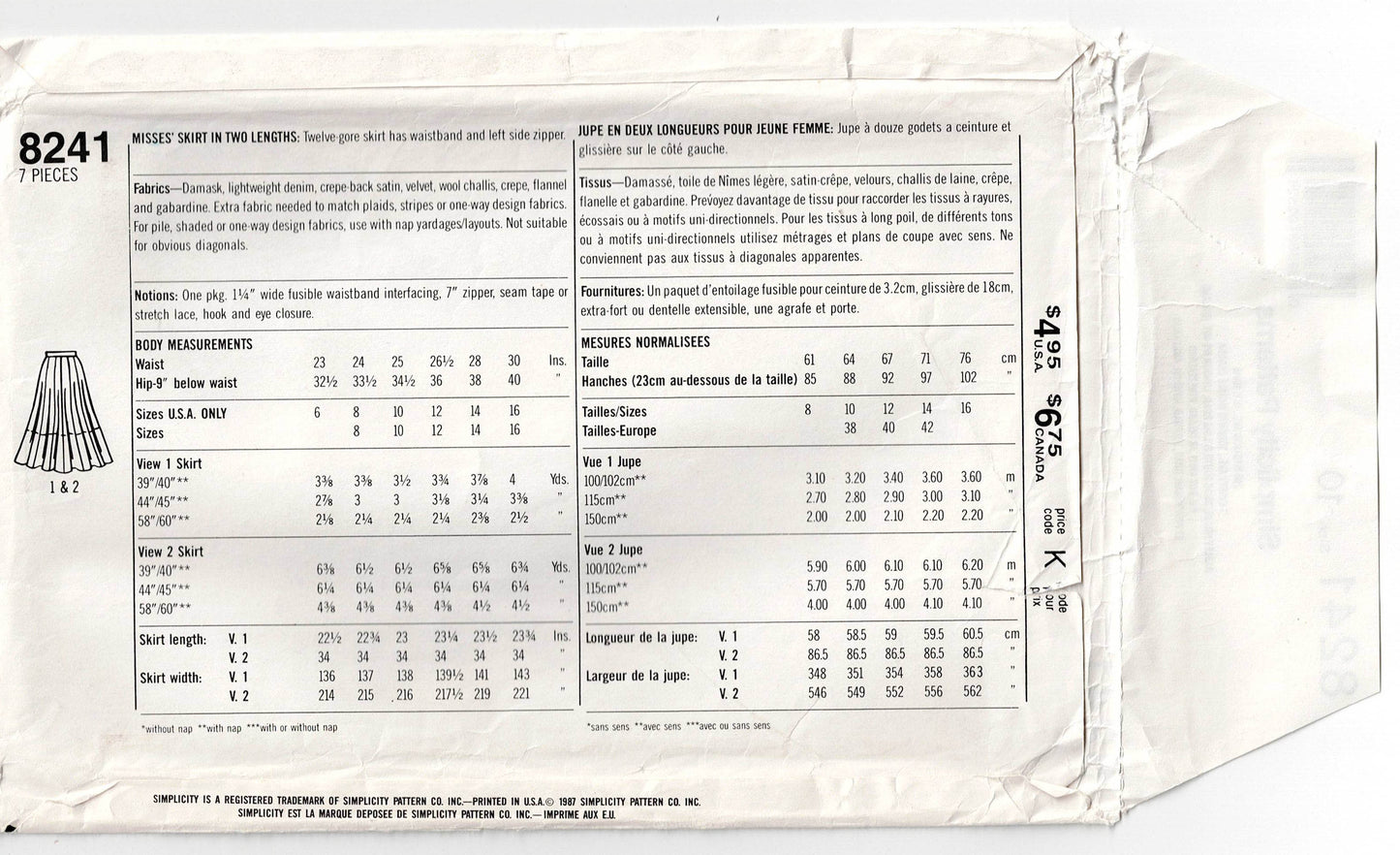 Patrón de costura vintage de los años 80 para faldas acampanadas con paneles Simplicity 8241 para mujer, talla 10, cintura de 25 pulgadas, sin cortar, doblado de fábrica