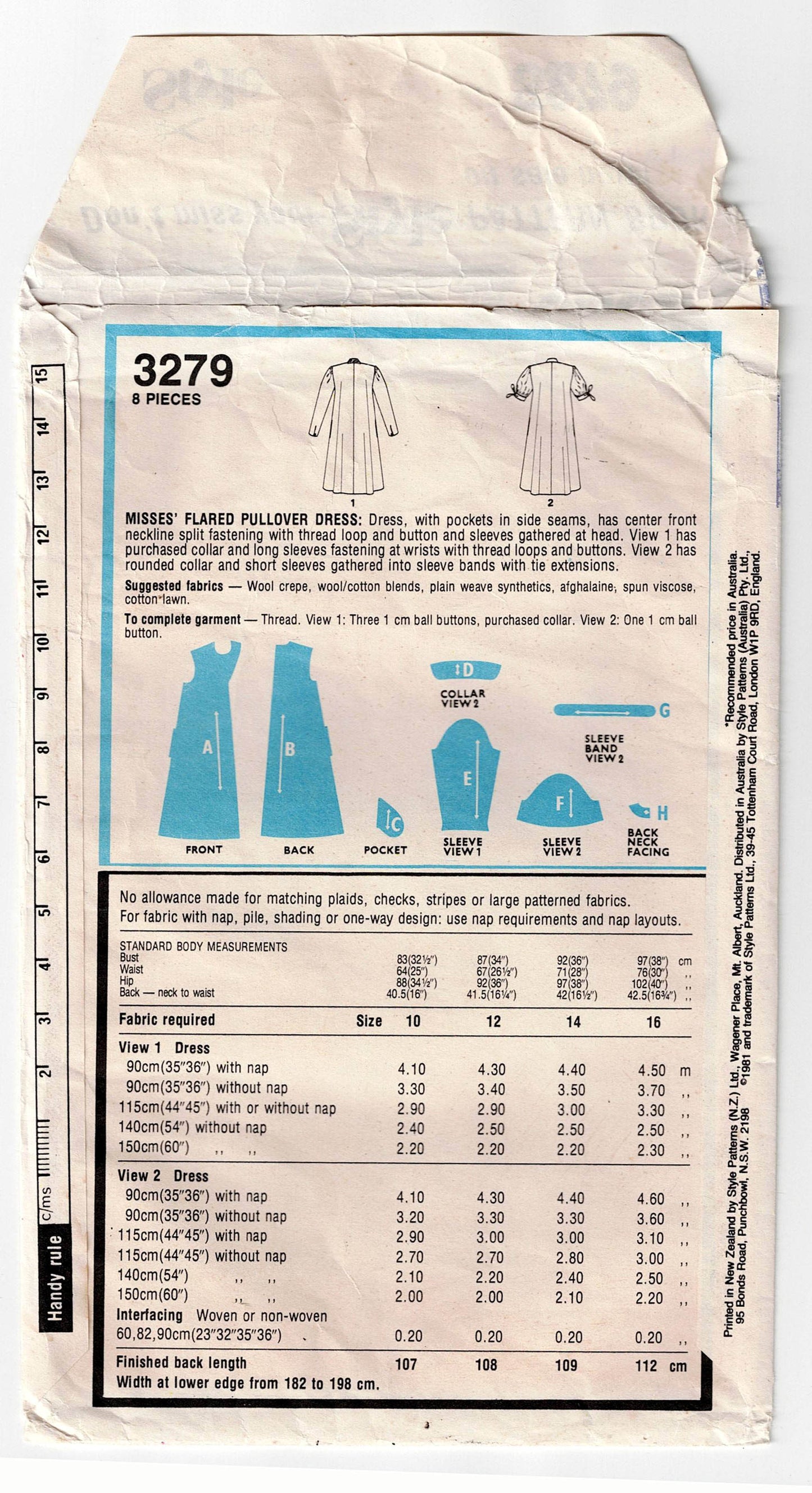 Style 3279 Womens Tent Dress with Collar & Pockets 1980s Vintage Sewing Pattern Size 14 Bust 36 inches UNCUT Factory Folded