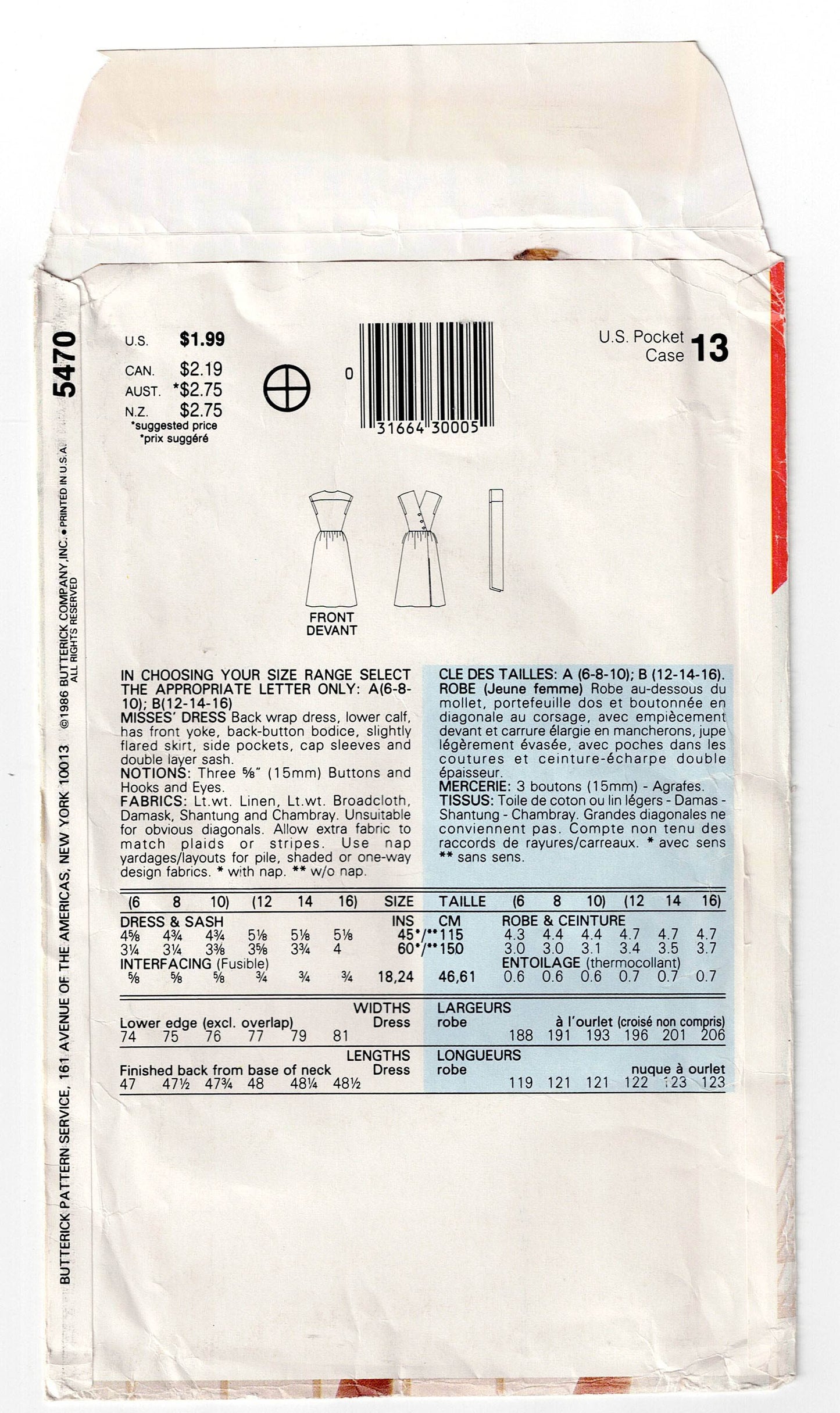 Patrón de costura vintage de los años 80 para vestido de verano cruzado en la espalda para mujer Butterick See & Sew 5470, talla 12-16, sin cortar, doblado de fábrica