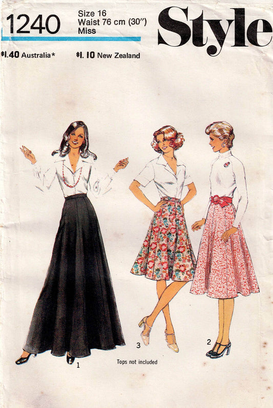 Patrón de costura vintage de los años 70 para faldas largas midi clásicas con viseras, estilo 1240, para mujer, talla 16, cintura 30 pulgadas