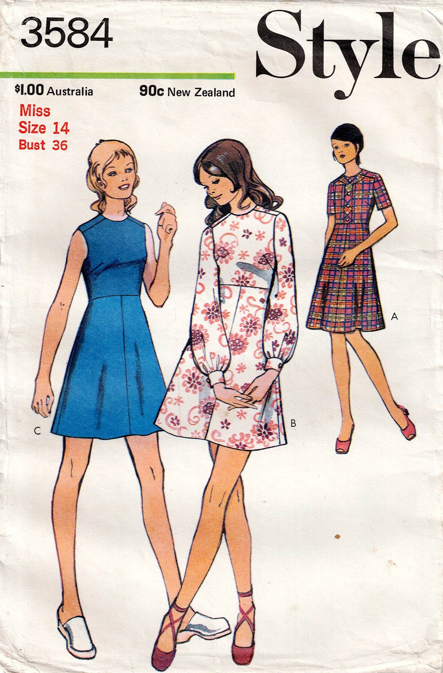 Vestido estilo imperio para mujer, estilo 3584, con opciones de lengüeta en las mangas y el corpiño, patrón de costura vintage de los años 70, talla 12 o 14