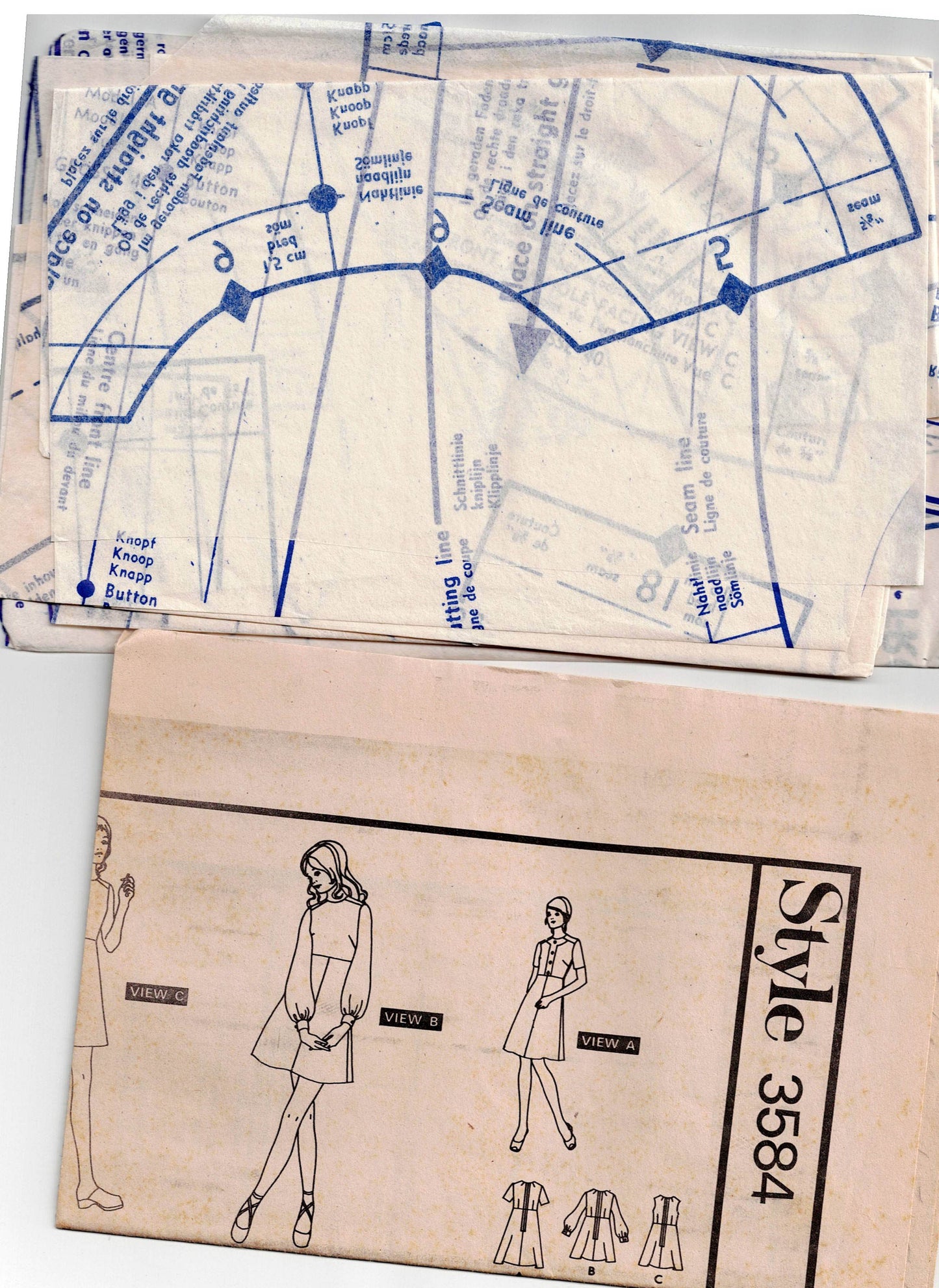 Vestido estilo imperio para mujer, estilo 3584, con opciones de lengüeta en las mangas y el corpiño, patrón de costura vintage de los años 70, talla 12 o 14