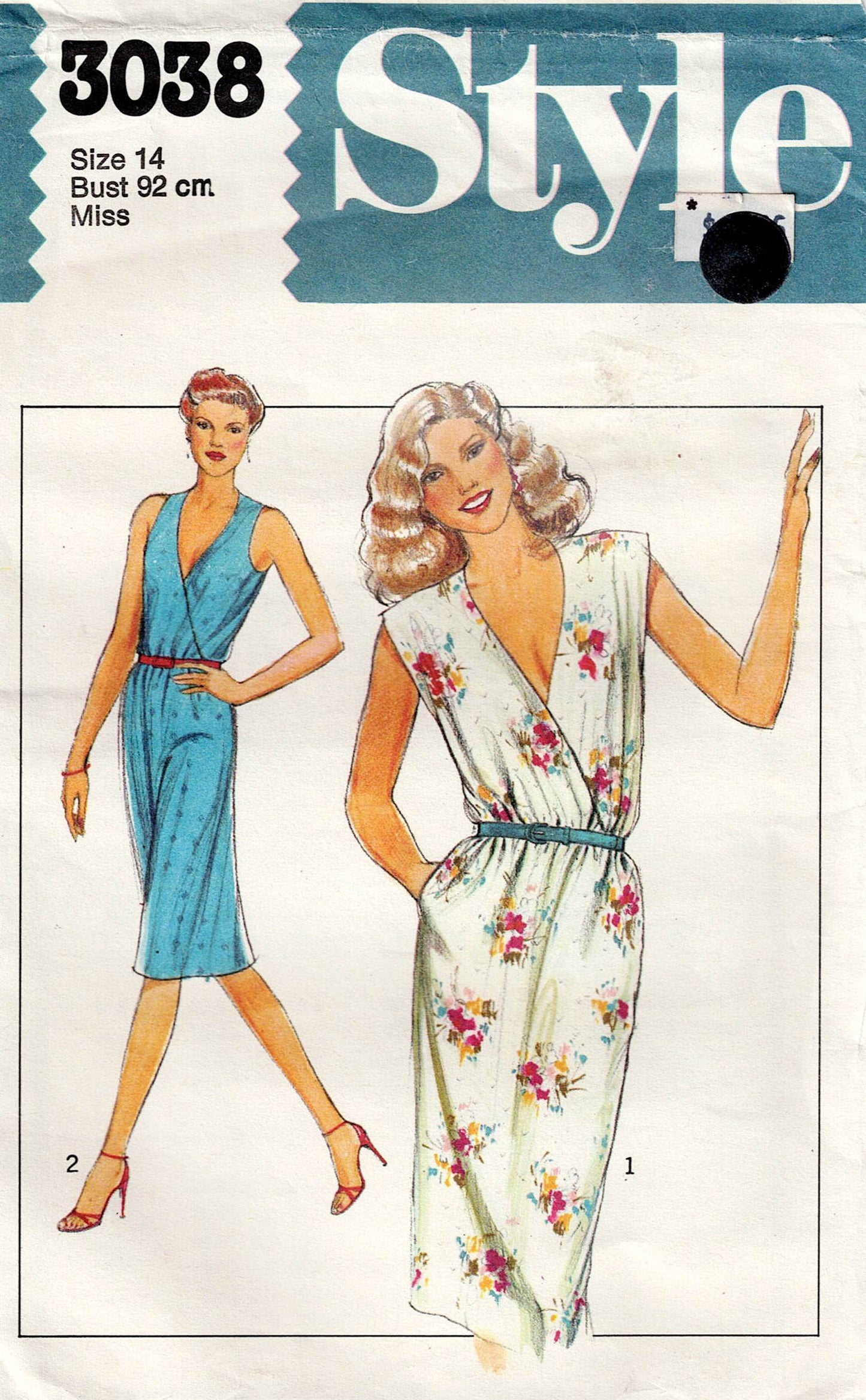 Style 3038 Womens Wrap Bodice Dress with Pockets 1980s Vintage Sewing Pattern Size 12 or 14
