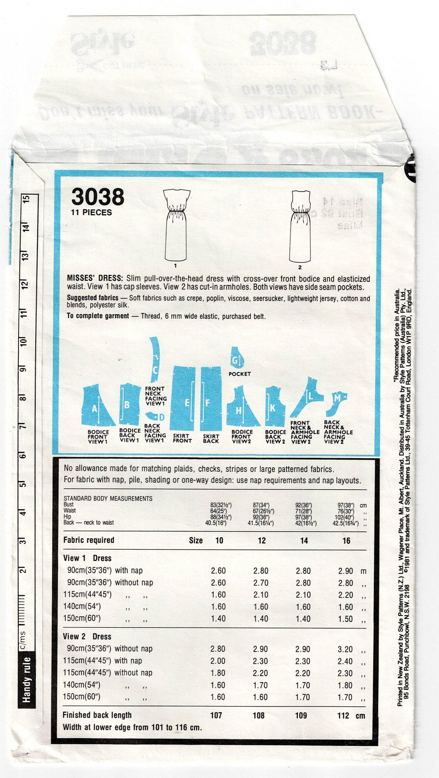 Style 3038 Womens Wrap Bodice Dress with Pockets 1980s Vintage Sewing Pattern Size 14 Bust 36 Inches