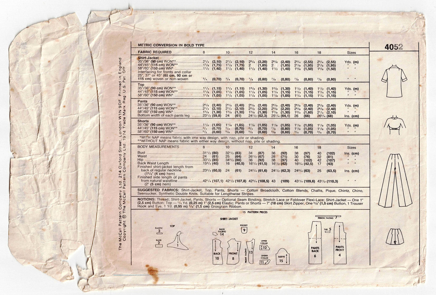 Patrón de costura vintage de los años 70 para camisa, chaqueta, sujetador, top, pantalones cortos y pantalones de cuello ancho para mujer McCall's 4052, talla 12, busto 34 pulgadas