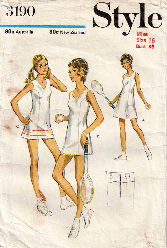 Patrón de costura vintage de los años 70 para vestido o vestido de tenis y bragas para mujer, estilo 3190, talla 8 o 16