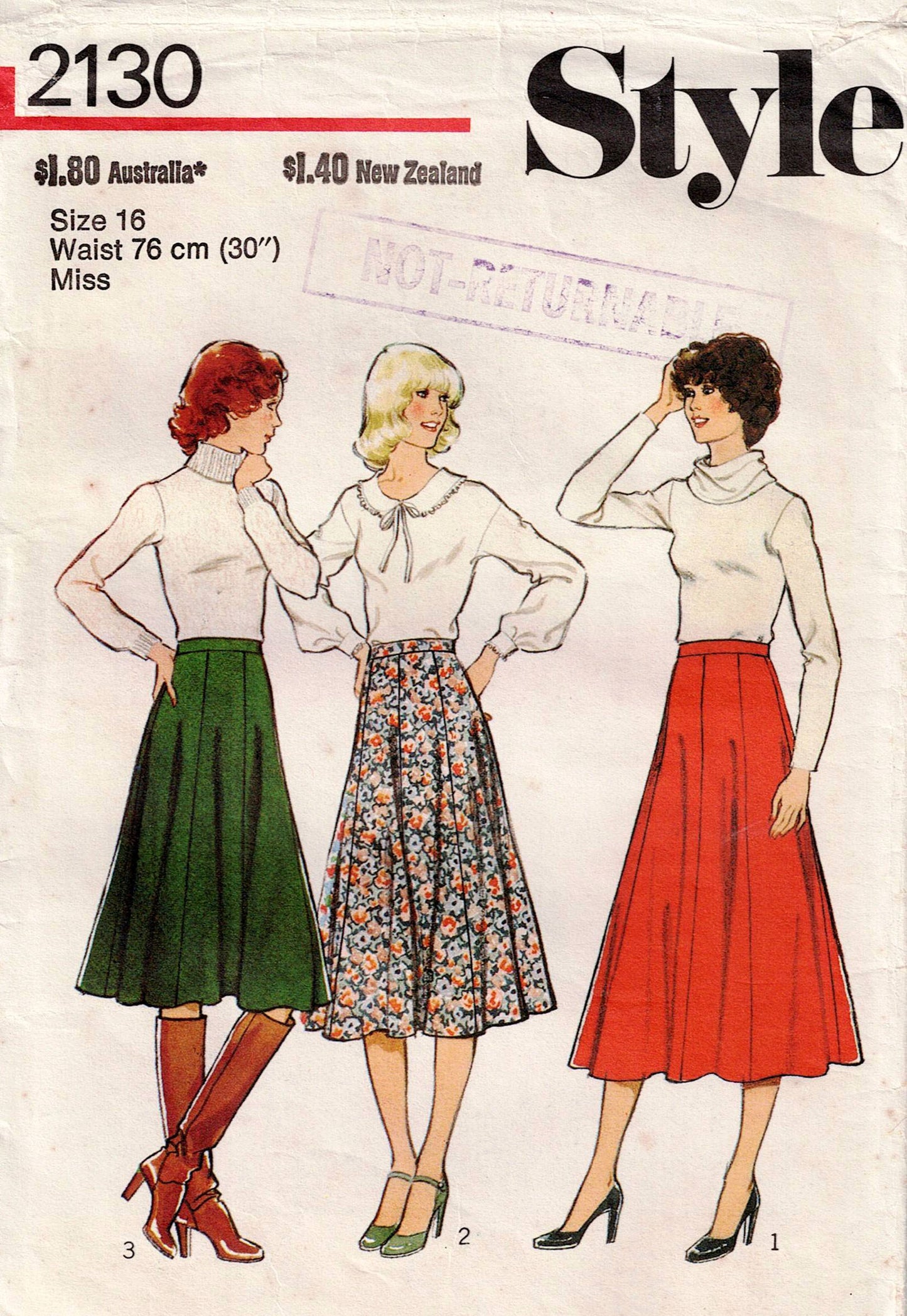 Patrón de costura de falda acampanada clásica de 8 paneles para mujer, estilo 2130, años 70, talla 16, cintura 30 pulgadas