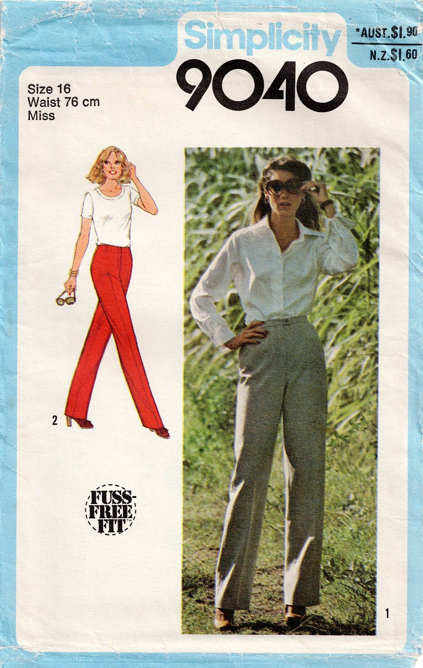 Patrón de costura vintage de los años 70 para pantalones de corte holgado para mujer Simplicity 9040, talla 14 o 16