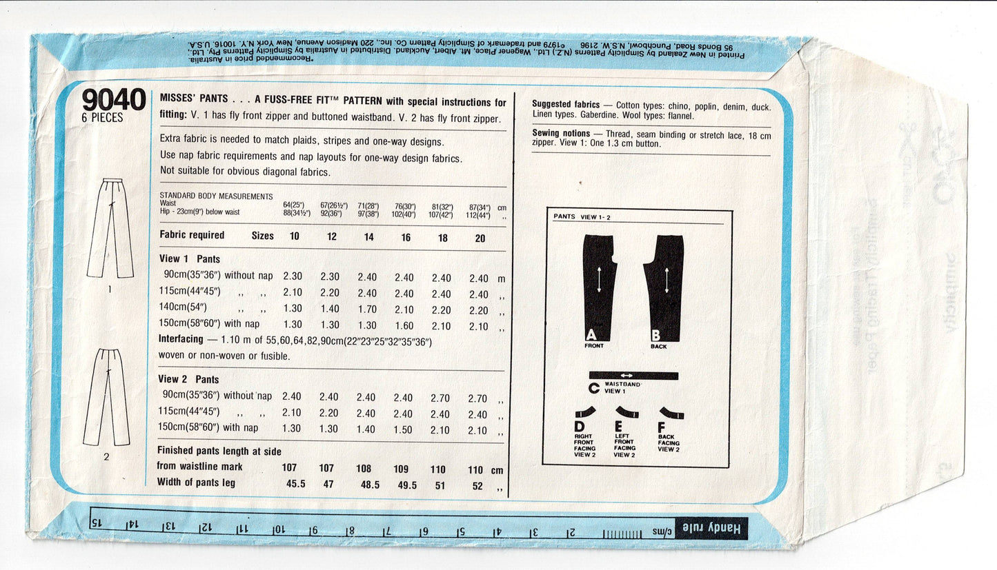 Simplicity 9040 Womens Fuss Free Fit Pants 1970s Vintage Sewing Pattern Size 14 or 16