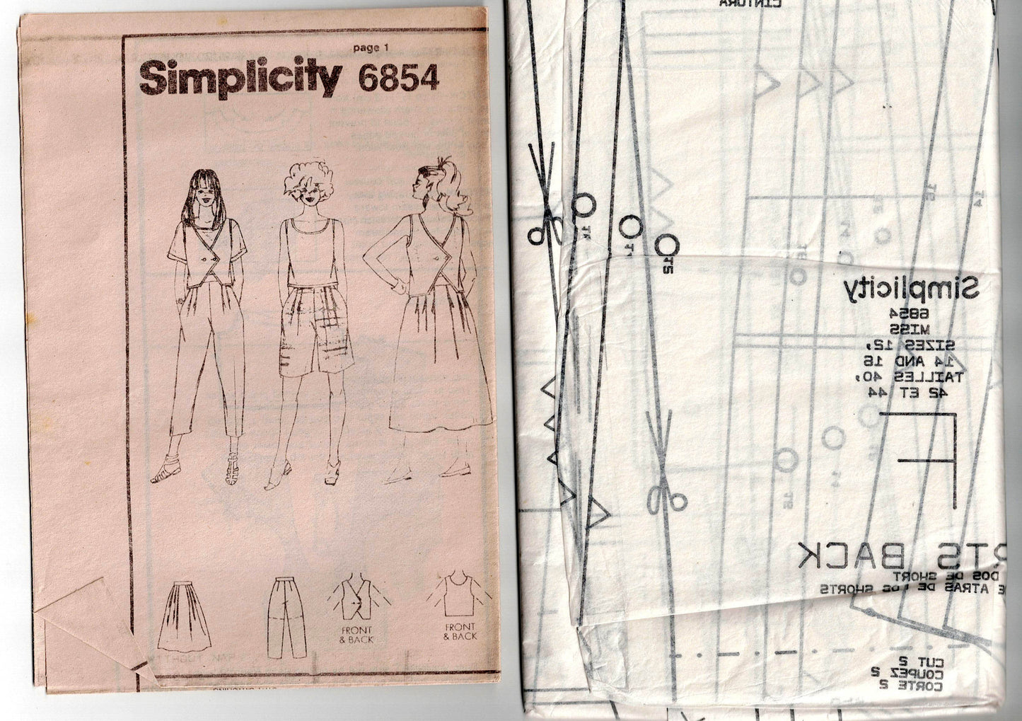 Patrón de costura vintage de los años 80 Simplicity 6854 para pantalones cortos, faldas y tops cortos para mujer, talla 12-16, sin cortar, doblado de fábrica