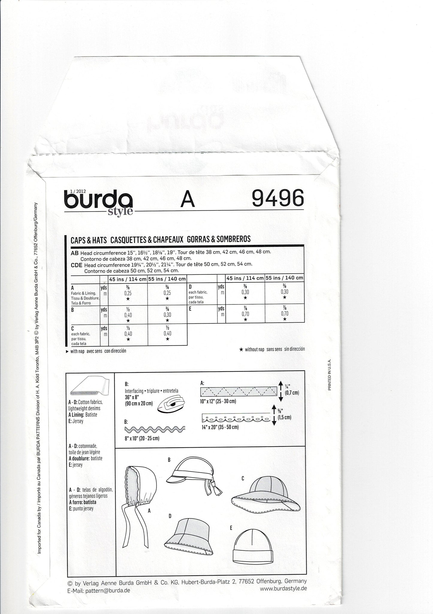 Burda 9496 Baby & Toddlers Hats Out Of Print Sewing Pattern UNCUT Factory folded