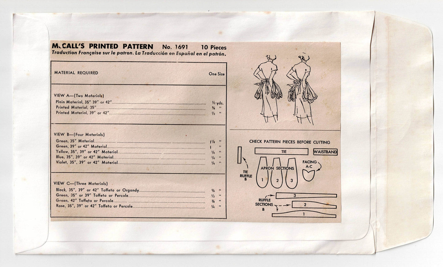 McCall's 1691 Womens Novelty Flower Petal Apron 1950s Vintage Sewing Pattern ONE SIZE
