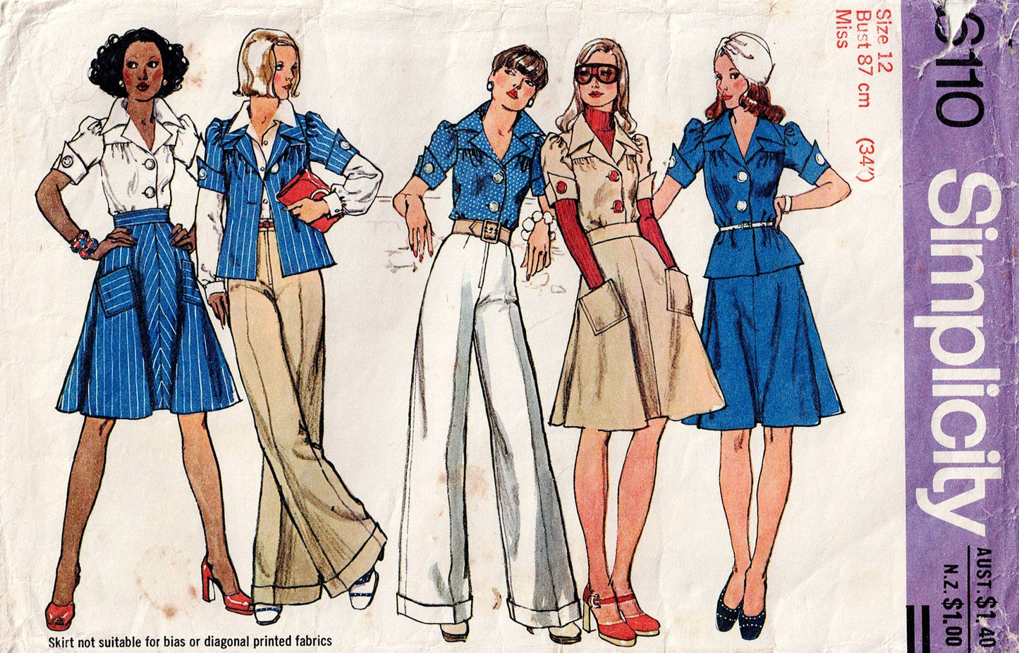 Simplicity 6110 Womens Wide Collared Blouse Skirt & Flared Pants 1970s Vintage Sewing Pattern Size 12 Bust 34 inches