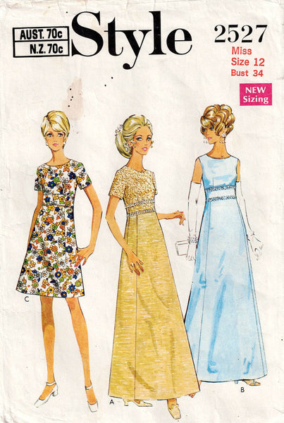 Style 2527 Womens Empire Waisted Midriff Evening Prom Bridesmaids Gown 1960s Vintage Sewing Pattern Size 12 Bust 34 inches