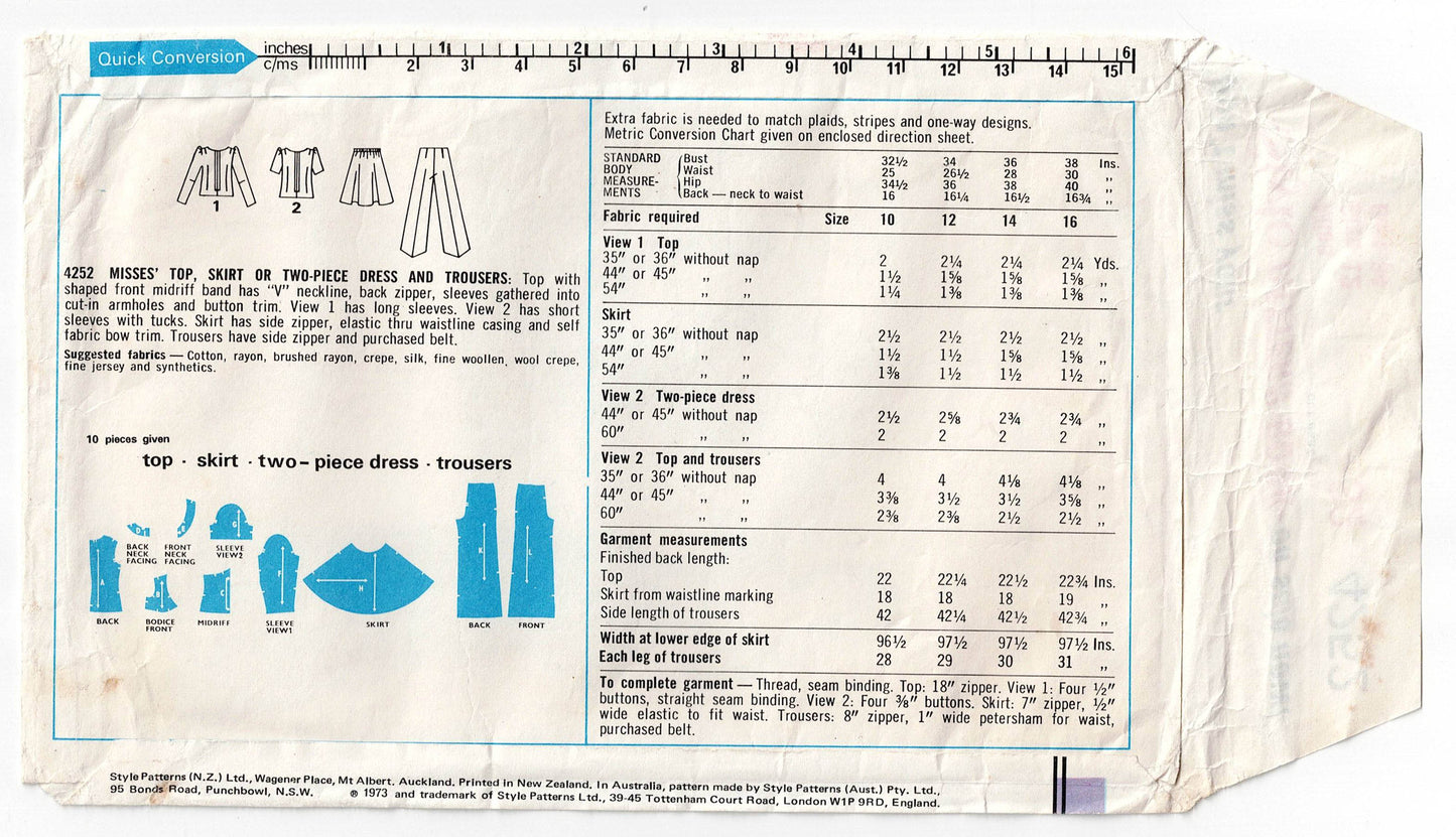 Style 4252 Womens Midriff Top Skirt & Pants 1970s Vintage Sewing Pattern Size 12 Bust 34 inches
