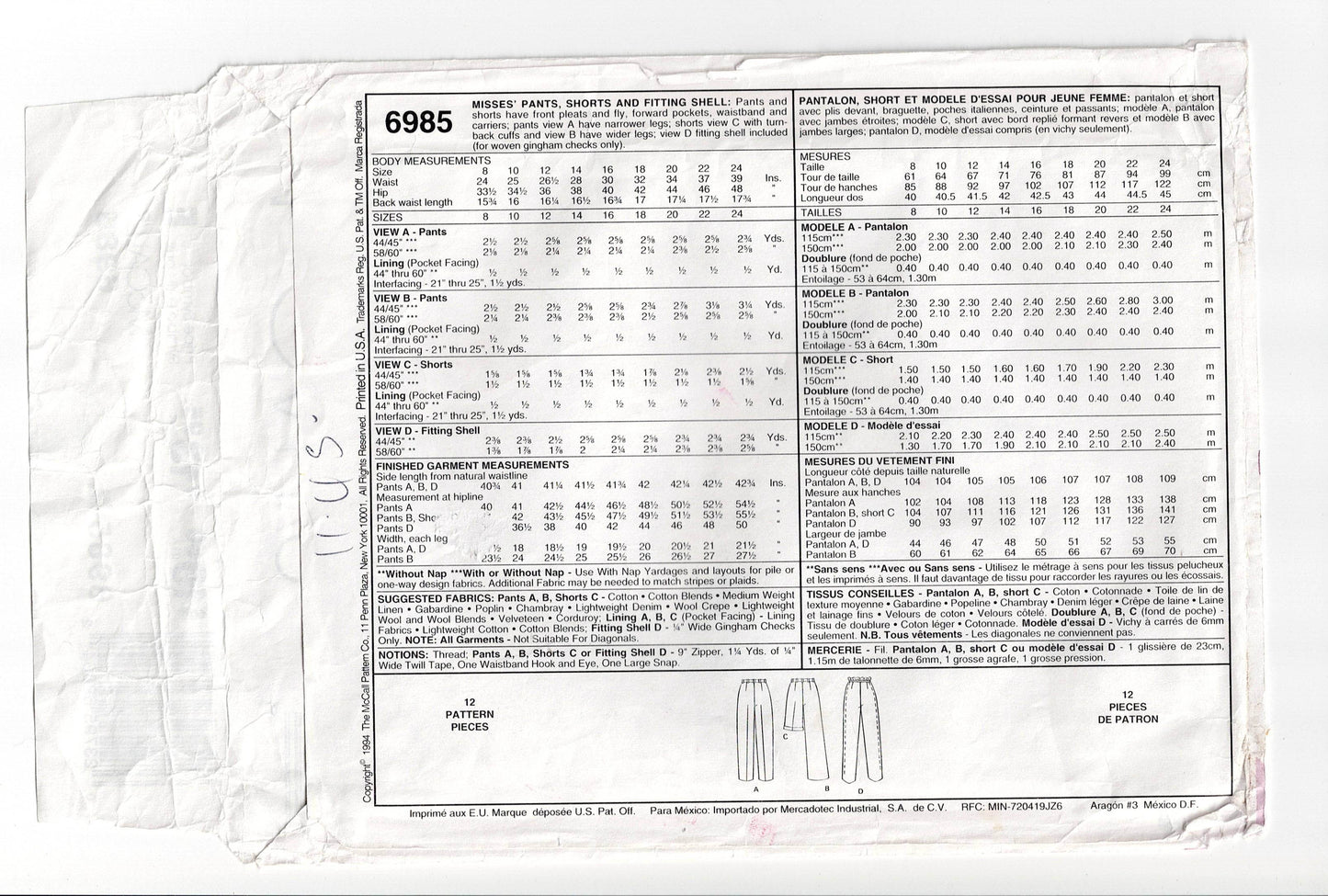 McCall's 6985 Womens PALMER PLETSCH Perfect Fit Pants & Shorts 1990s Vintage Sewing Pattern Size 14 UNCUT Factory Folded