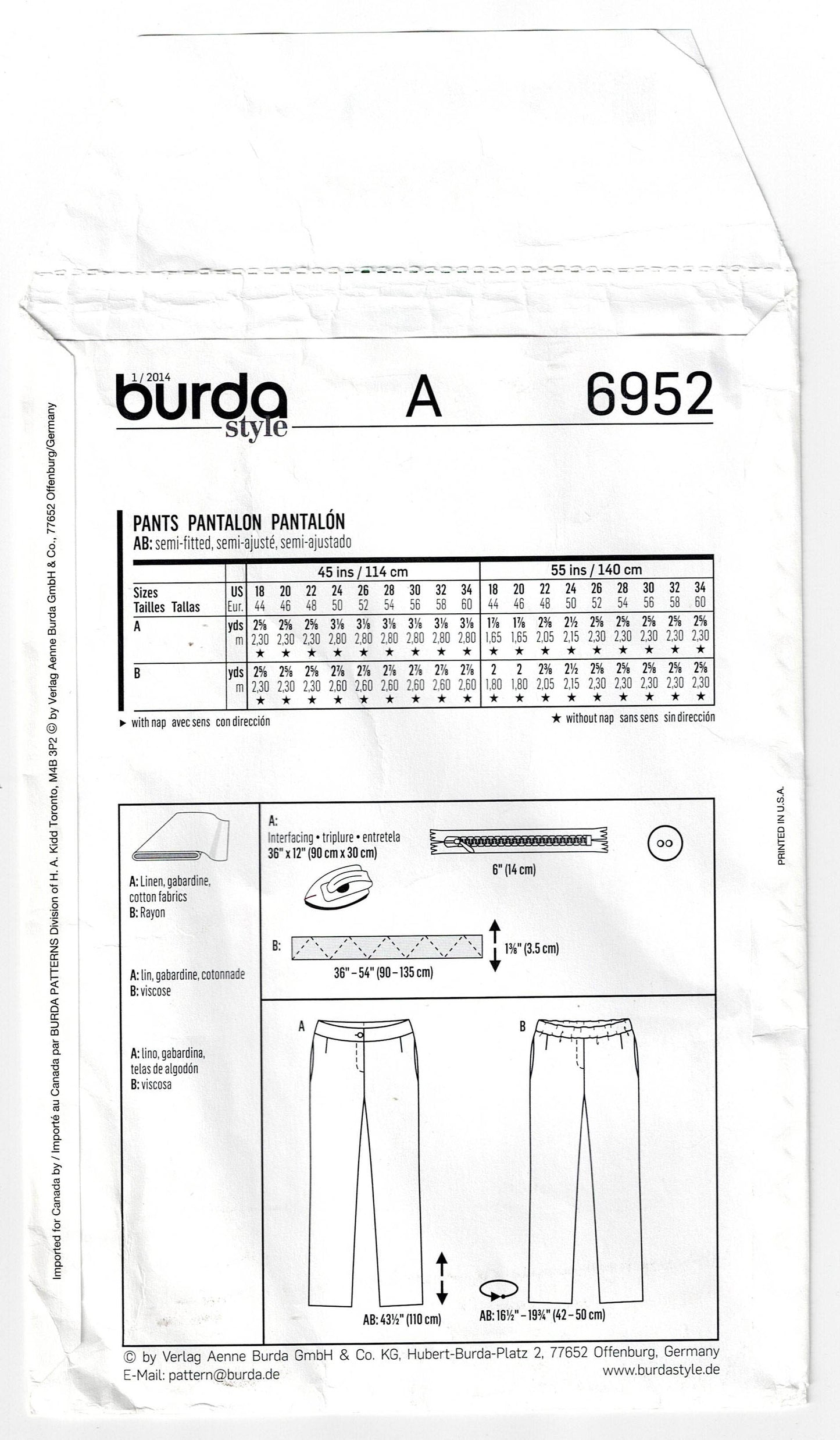 Burda Style 6952 PLUS Size Womens Hipster Pants in 2 Styles Out Of Print Sewing Pattern Sizes 18 - 34 UNCUT Factory Folded