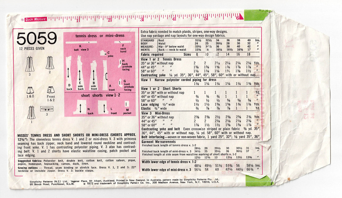 Patrón de costura vintage de los años 70 Simplicity 5059 para vestido corto o vestido de tenis y pantalones cortos para mujer, talla 12, busto de 34 pulgadas