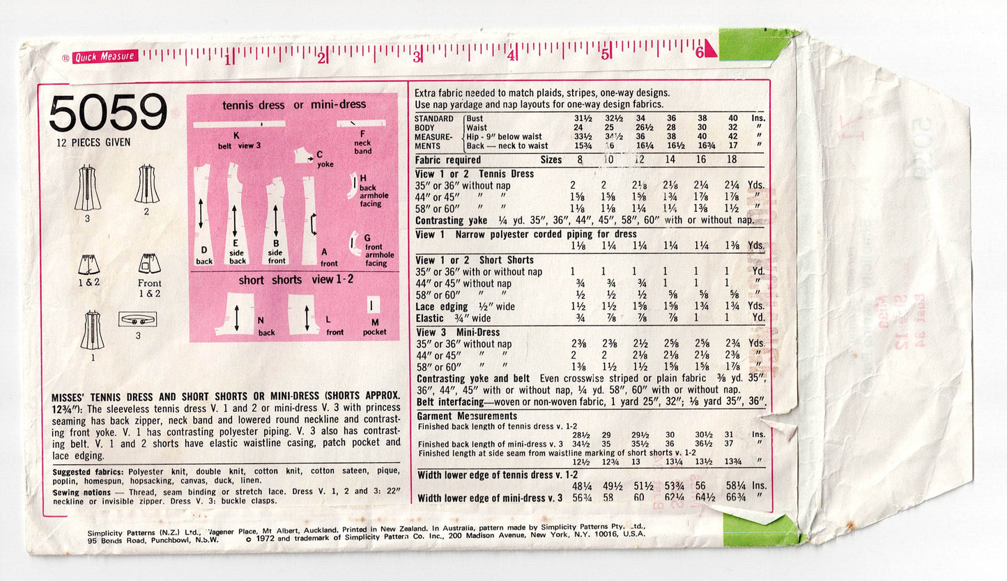 Simplicity 5059 Womens Mini Dress or Tennis Dress & Shorts 1970s Vintage Sewing Pattern Size 12 Bust 34 inches