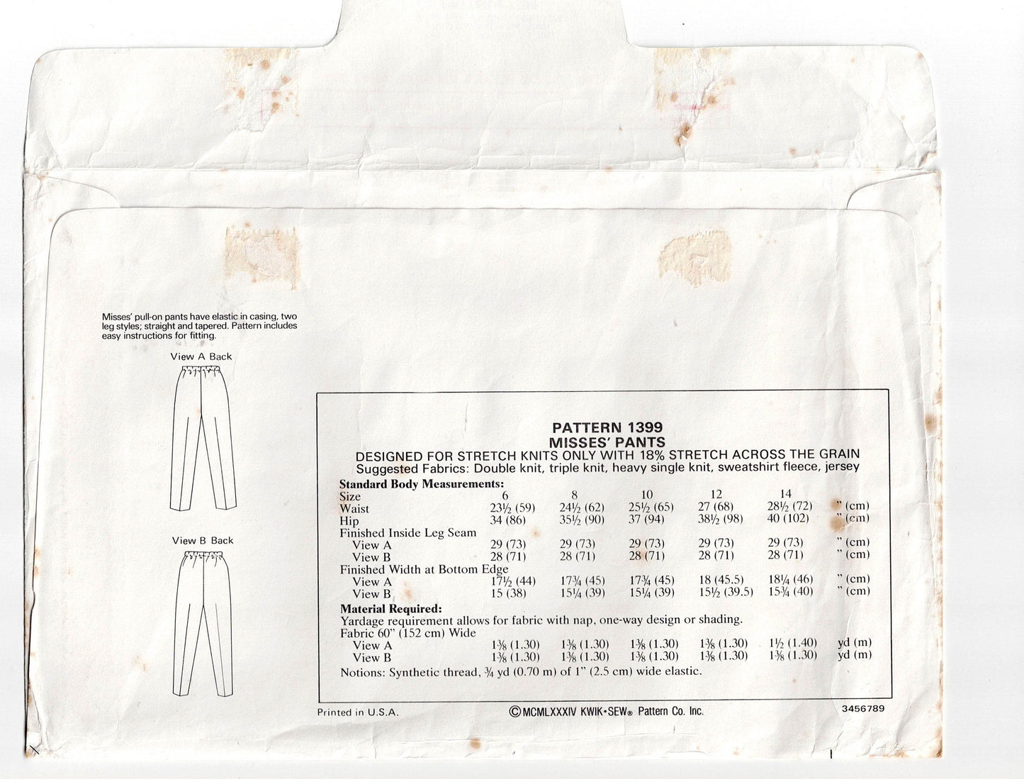 Kwik Sew 1399 Womens Stretch Straight Leg & Tapered Pants 1980s Vintage Sewing Pattern Size Waist 23 - 29 Inches UNCUT