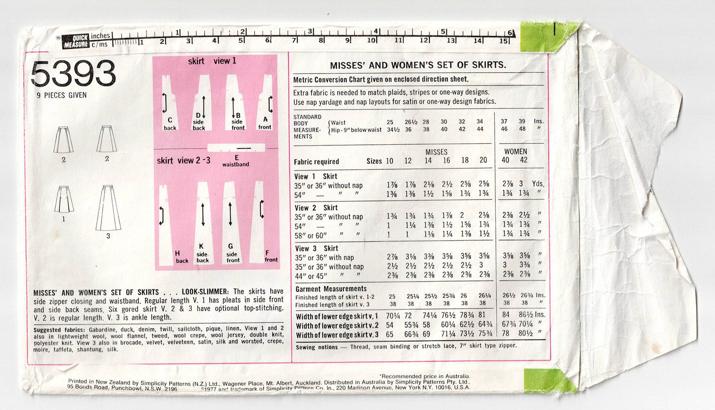 Simplicity 5393 Womens A Line Pleated Skirt or Maxi 1970s Vintage Sewing Pattern Size 12 Waist 26.5 Inches