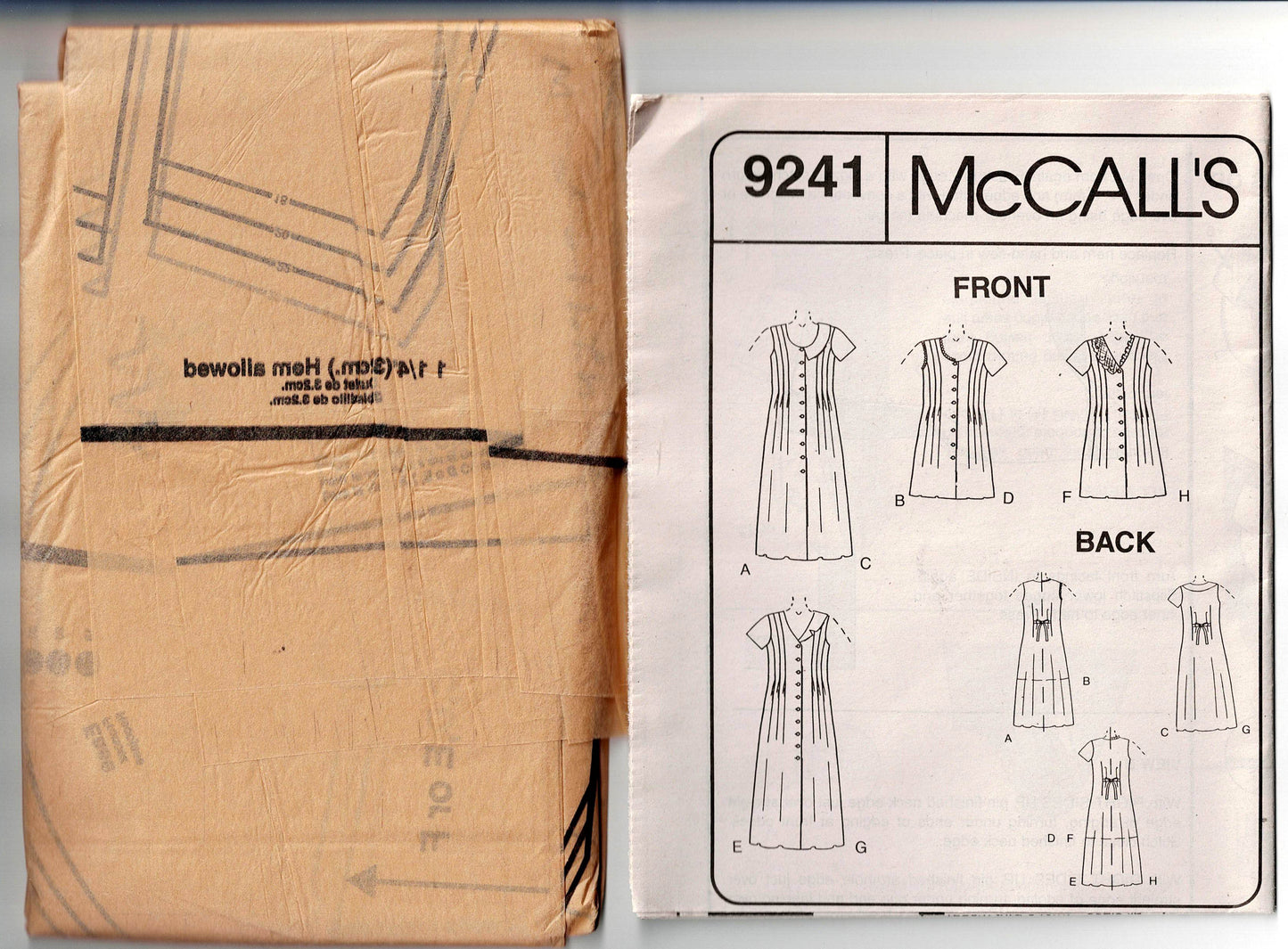 Patrón de costura vintage de los años 90 para vestidos de verano con la parte delantera metida en tallas grandes de McCall 9241, tallas 18 a 22, doblado de fábrica y sin cortar
