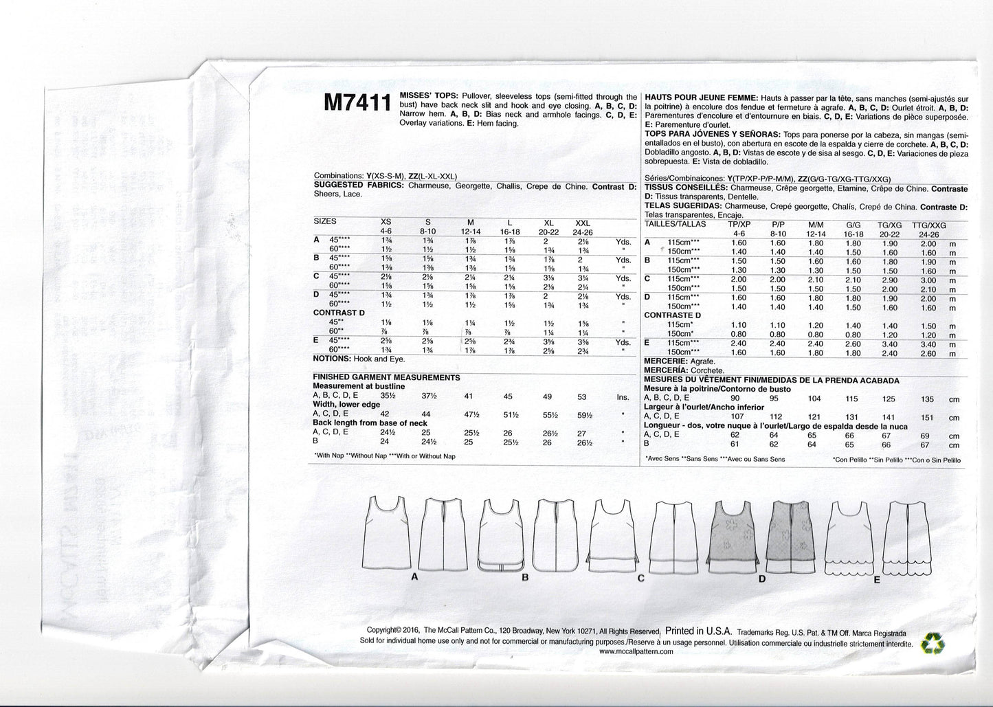 McCall's M7411 Womens EASY Pullover Tops with Overlay Out Of Print Sewing Pattern Size XS - M UNCUT Factory Folded